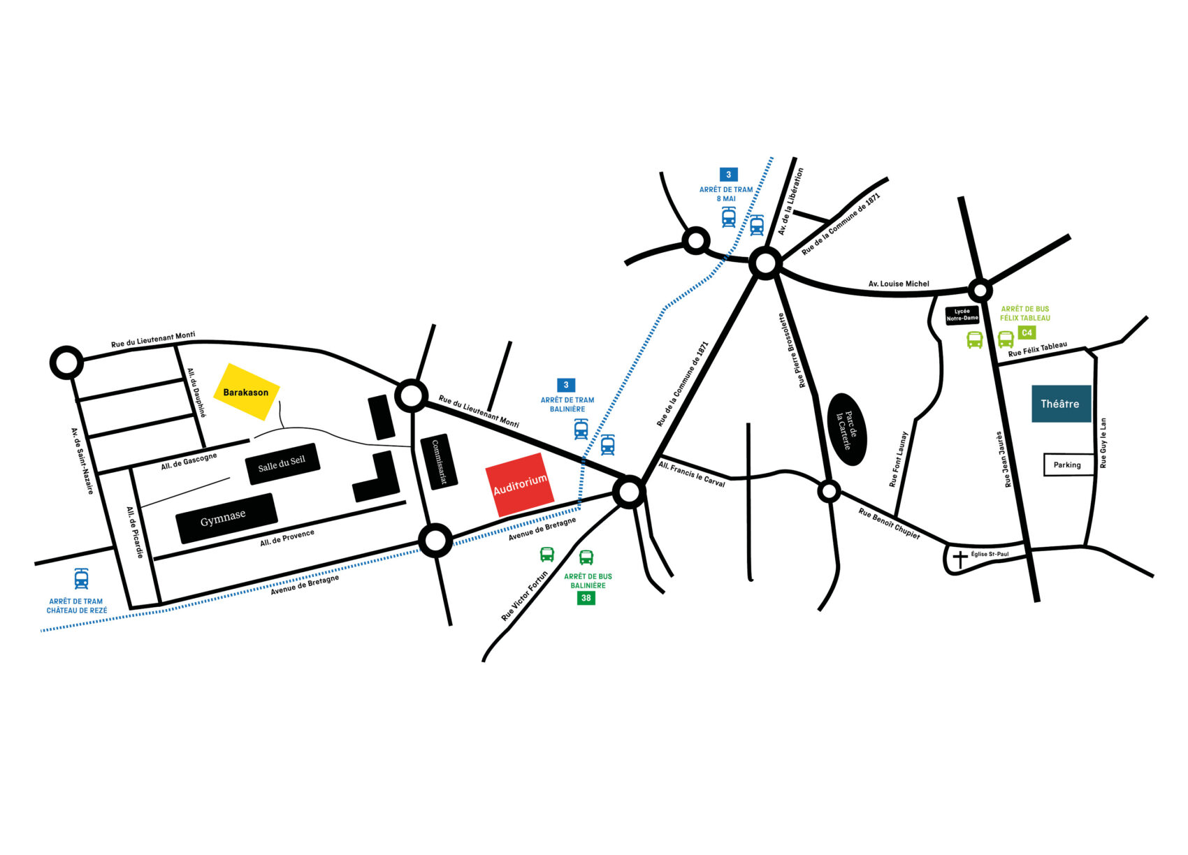 Plan des trois salle et des transports en commun