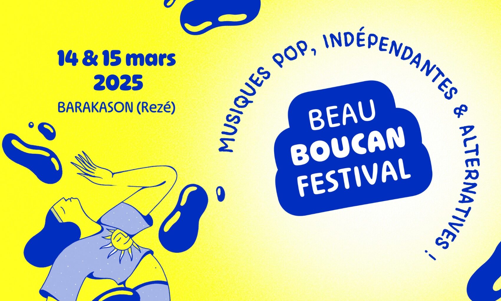 Visuel de Beau Boucan Festival en jaune et bleu avec l'illustration d'un personnage 